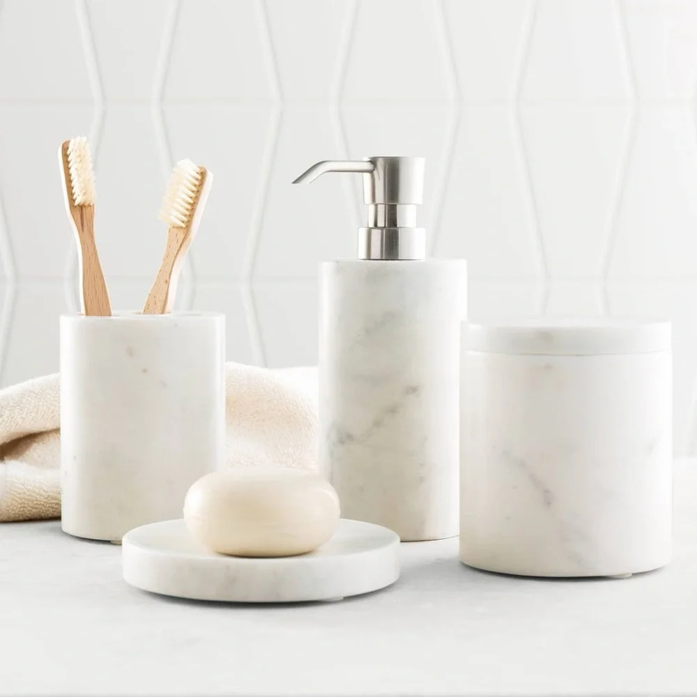 Threshold White Marble Bath Accessory Set with Gray Veining